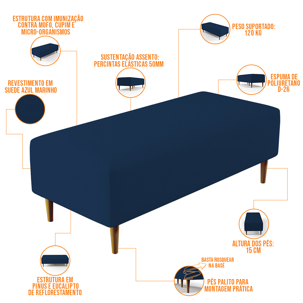 Kit 02 Puffs Decorativos Sala de Estar Bali W01 Pés Palito 120x50 cm Suede Azul Marinho - Lyam Decor