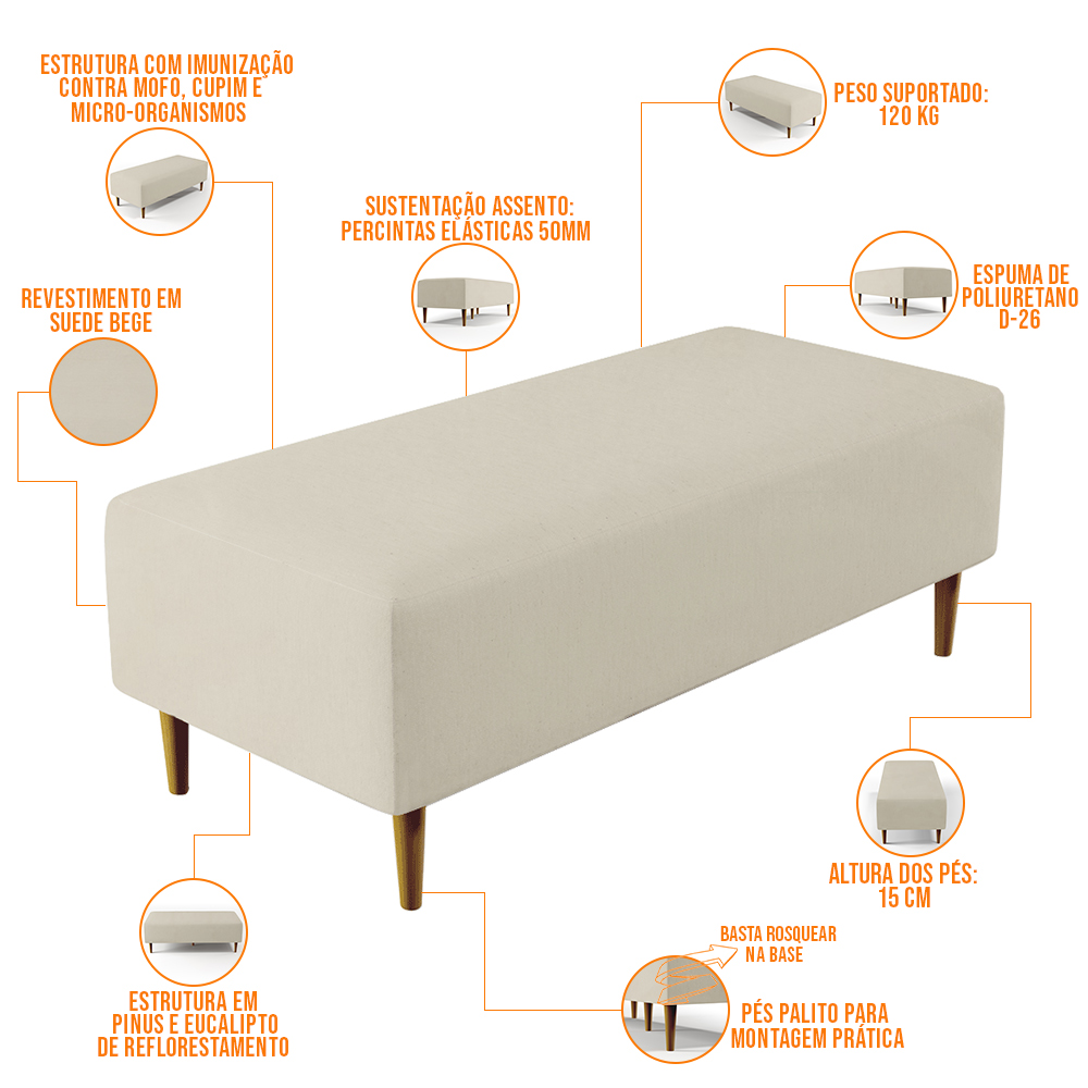 Kit 02 Puffs Decorativos Sala de Estar Bali W01 Pés Palito 120x50 cm Suede Bege - Lyam Decor
