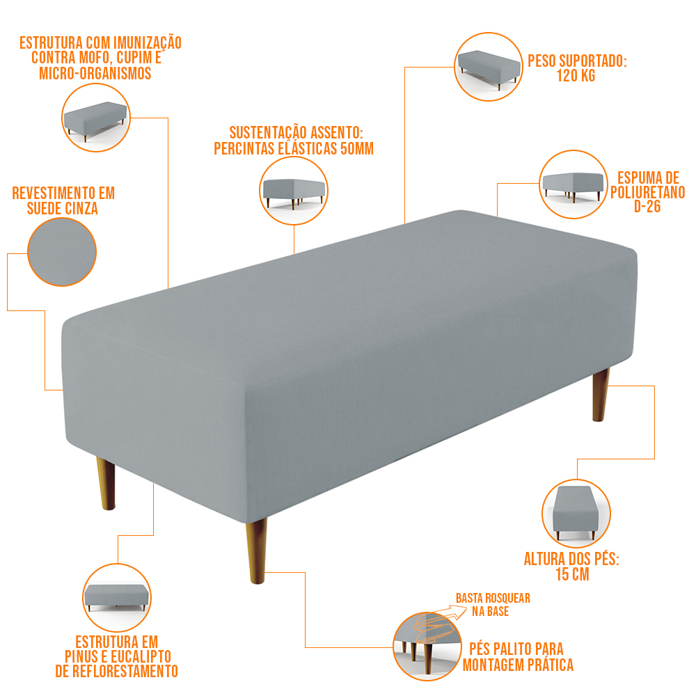 Kit 02 Puffs Decorativos Sala de Estar Bali W01 Pés Palito 120x50 cm Suede Cinza - Lyam Decor