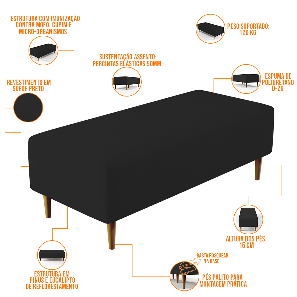 Kit 02 Puffs Decorativos Sala de Estar Bali W01 Pés Palito 120x50 cm Suede Preto - Lyam Decor