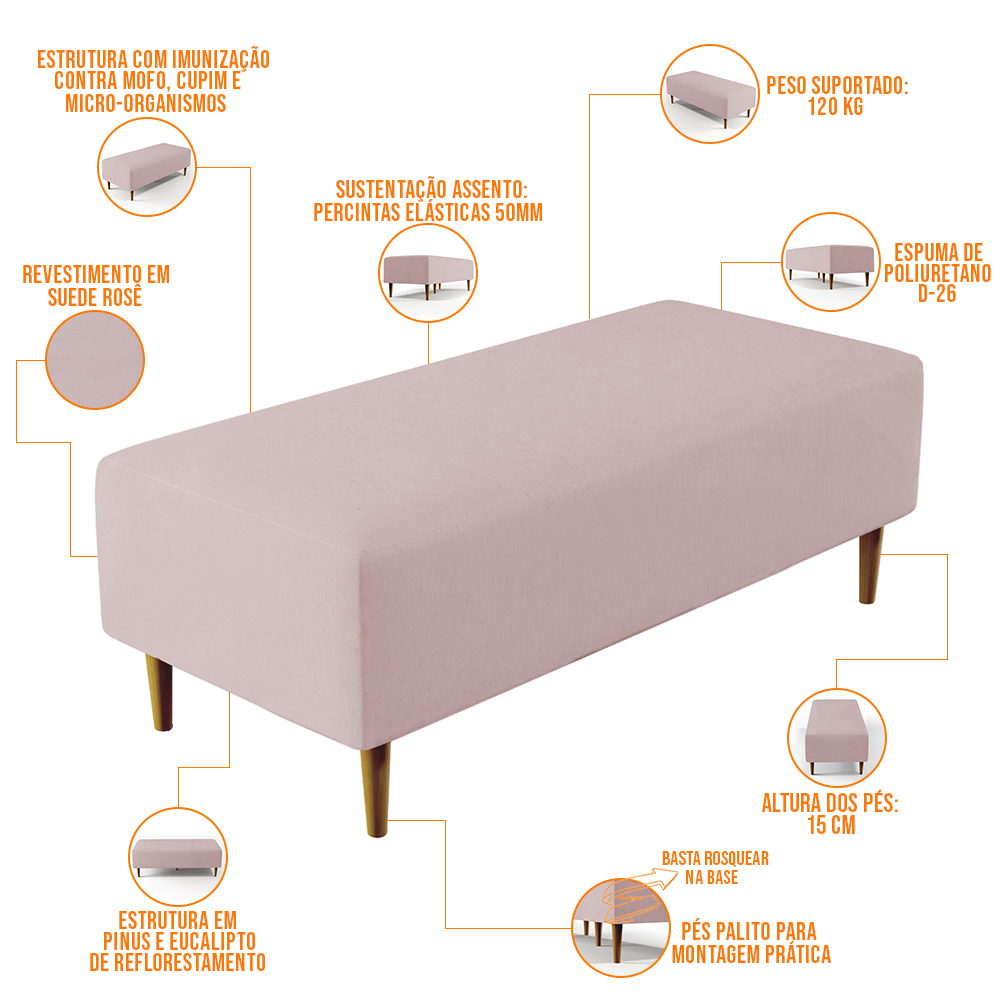 Kit 02 Puffs Decorativos Sala de Estar Bali W01 Pés Palito 120x50 cm Suede Rosê - Lyam Decor