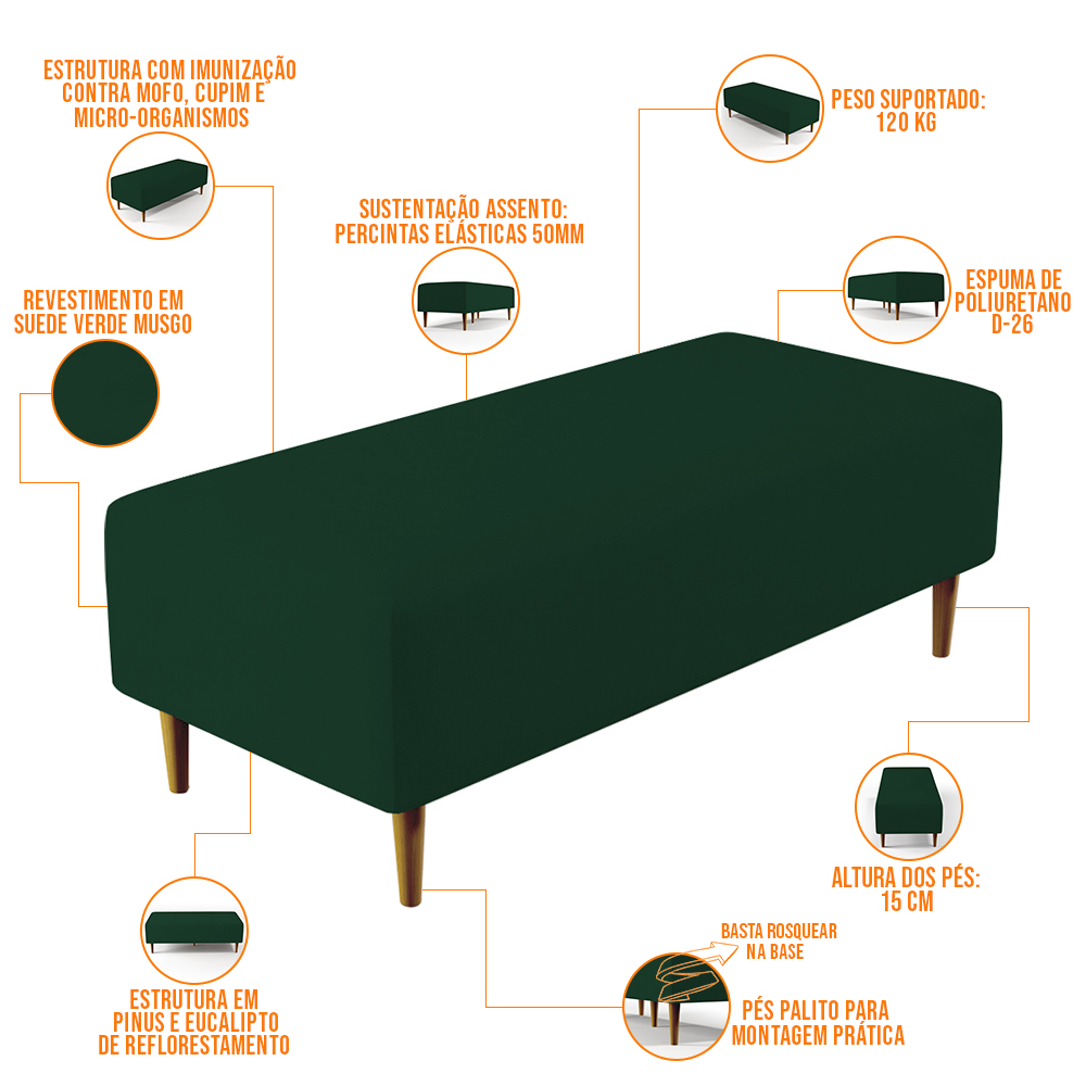 Kit 02 Puffs Decorativos Sala de Estar Bali W01 Pés Palito 120x50 cm Suede Verde Musgo - Lyam Decor