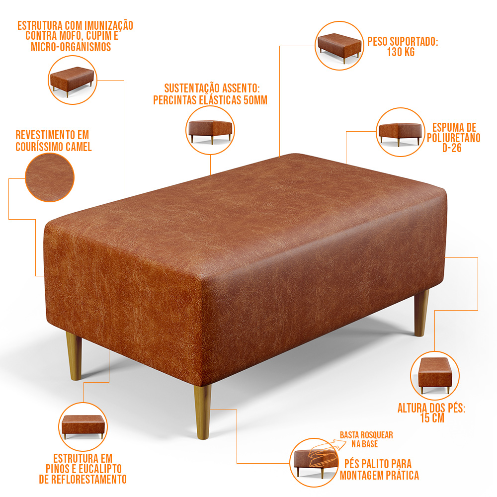 Kit 02 Puffs Decorativos Sala de Estar Cléo W01 Pés Palito 90 cm Couríssimo Camel - Lyam Decor