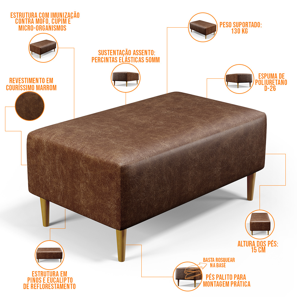 Kit 02 Puffs Decorativos Sala de Estar Cléo W01 Pés Palito 90 cm Couríssimo Marrom - Lyam Decor