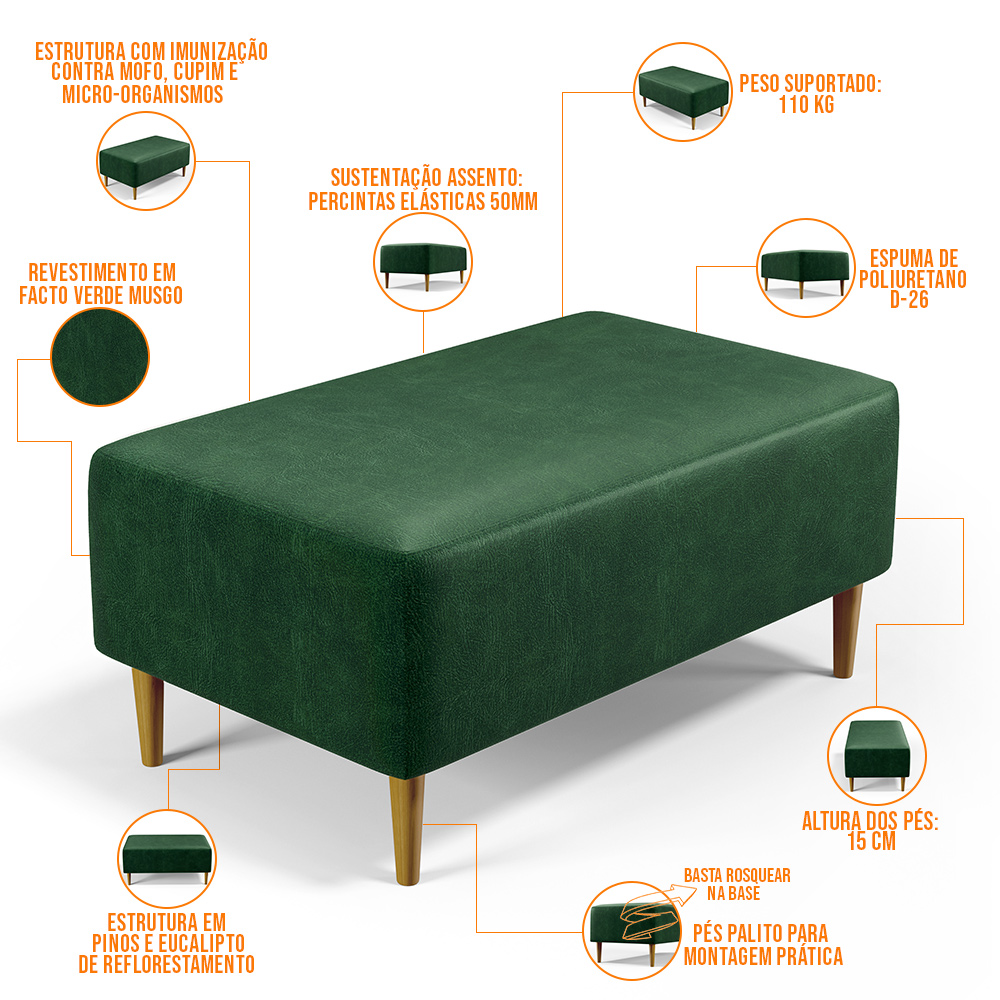 Kit 02 Puffs Decorativos Sala de Estar Cléo W01 Pés Palito 90 cm Facto Verde Musgo - Lyam Decor