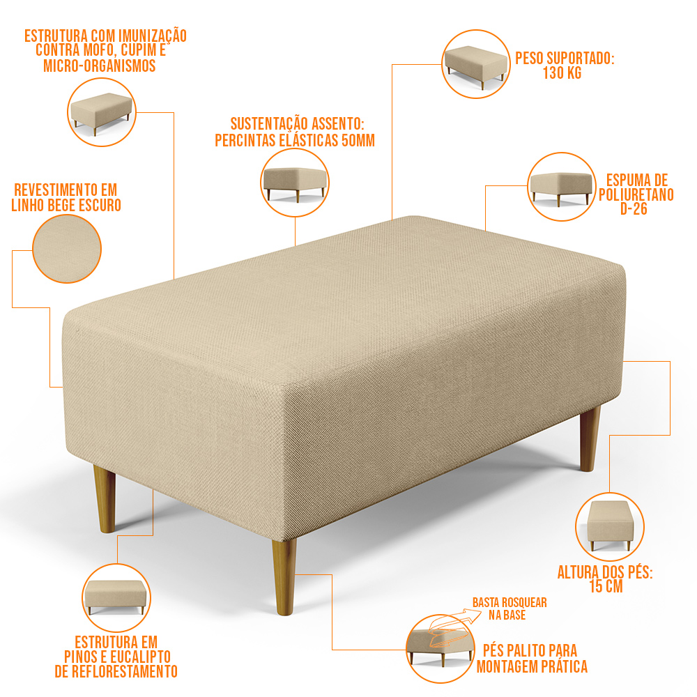 Kit 02 Puffs Decorativos Sala de Estar Cléo W01 Pés Palito 90 cm Linho Bege Escuro - Lyam Decor
