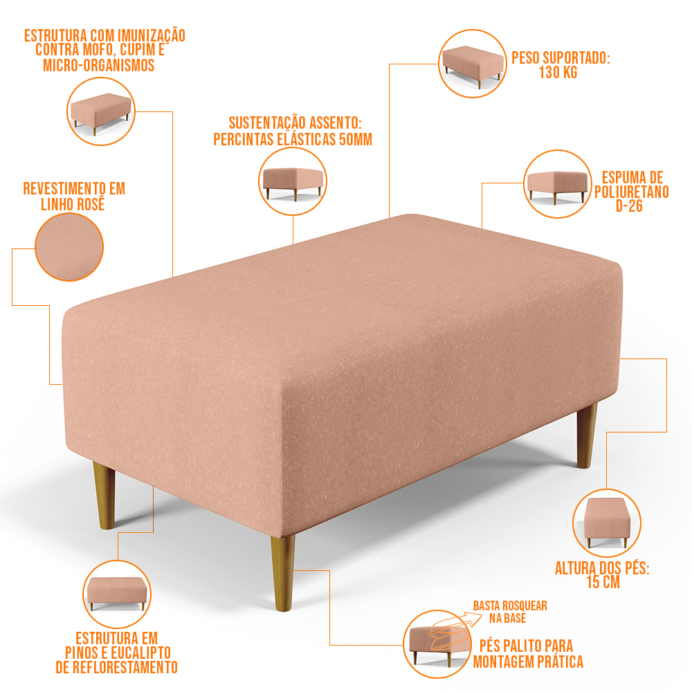 Kit 02 Puffs Decorativos Sala de Estar Cléo W01 Pés Palito 90 cm Linho Rosê - Lyam Decor