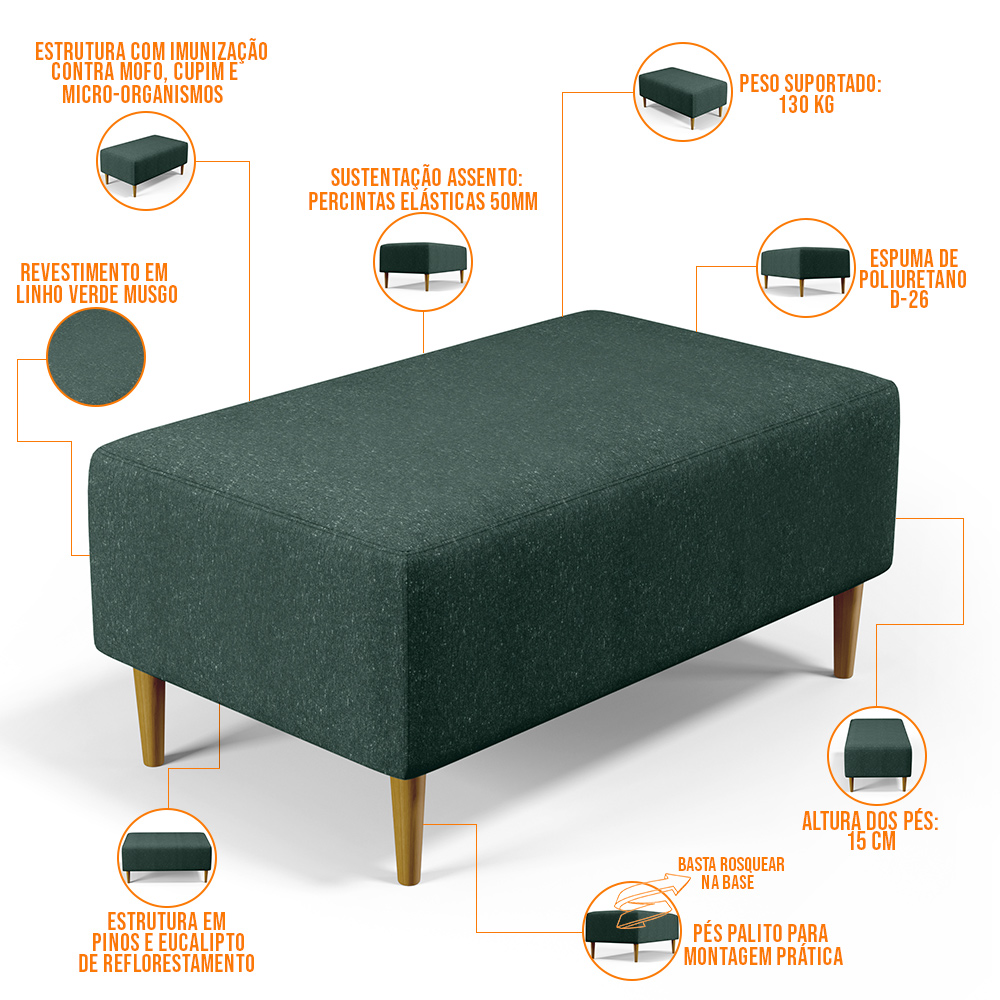 Kit 02 Puffs Decorativos Sala de Estar Cléo W01 Pés Palito 90 cm Linho Verde Musgo - Lyam Decor