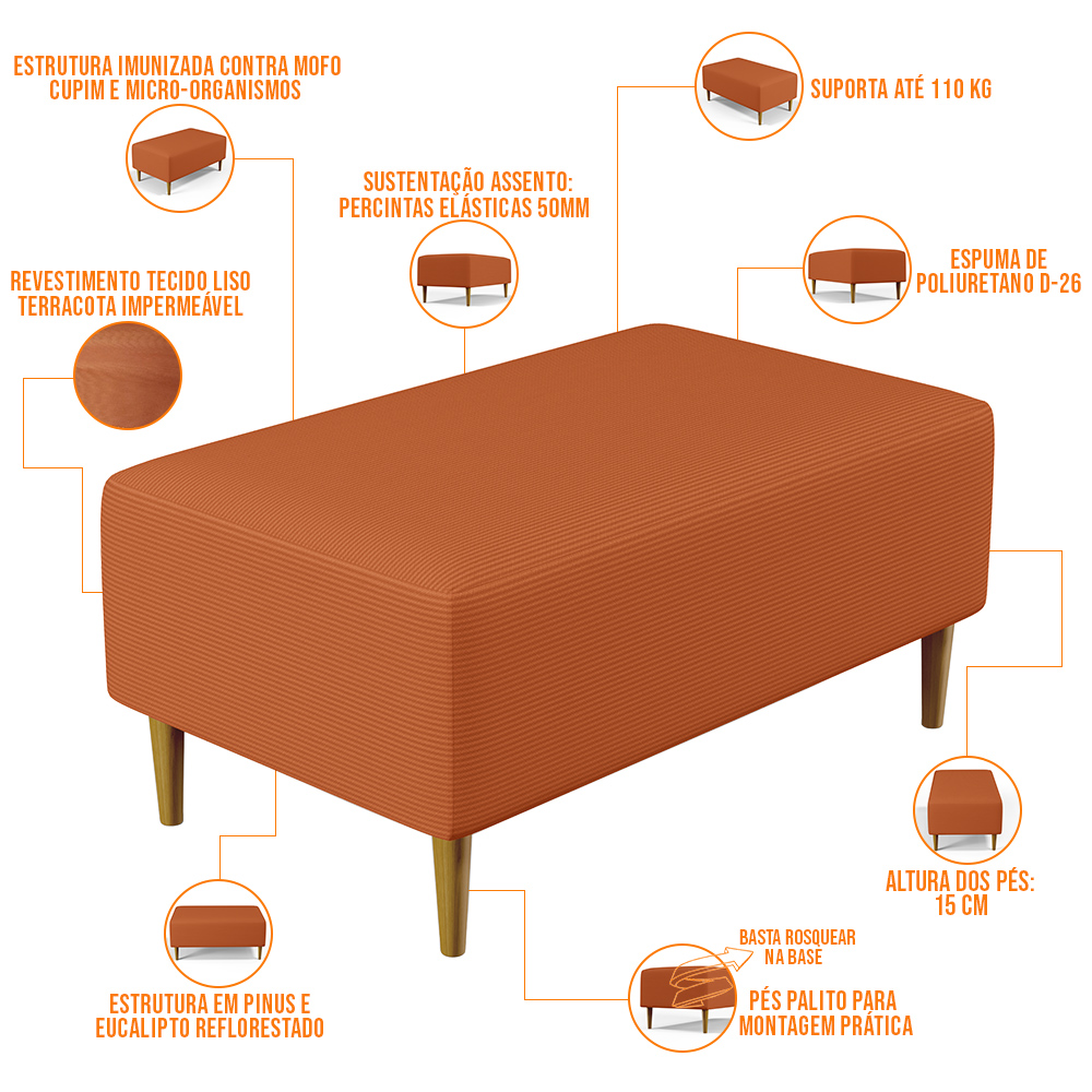 Kit 02 Puffs Decorativos Sala de Estar Cléo W01 Pés Palito 90cm Tecido Terracota - Lyam Decor