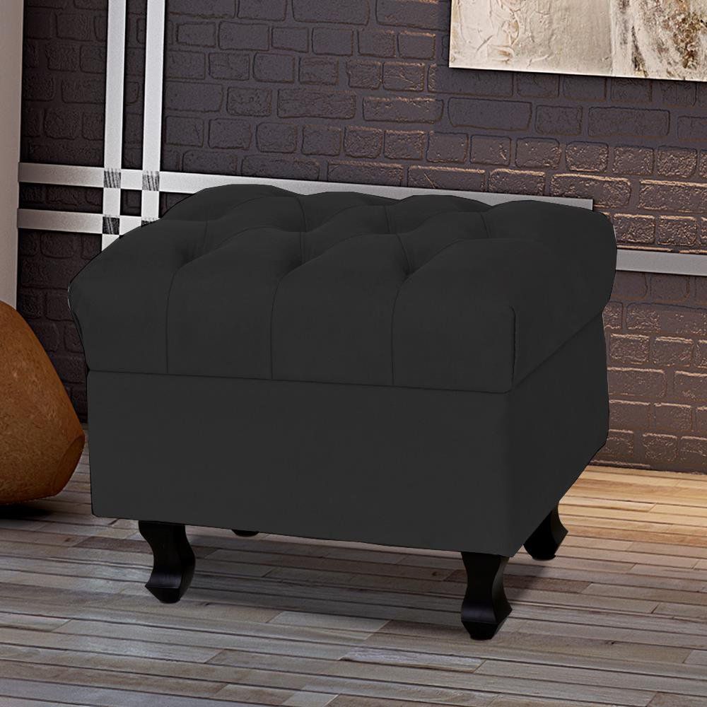 Kit 02 Puffs París L02 Luis Xv Capitone Suede Preto Pés Madeira - Lyam Decor