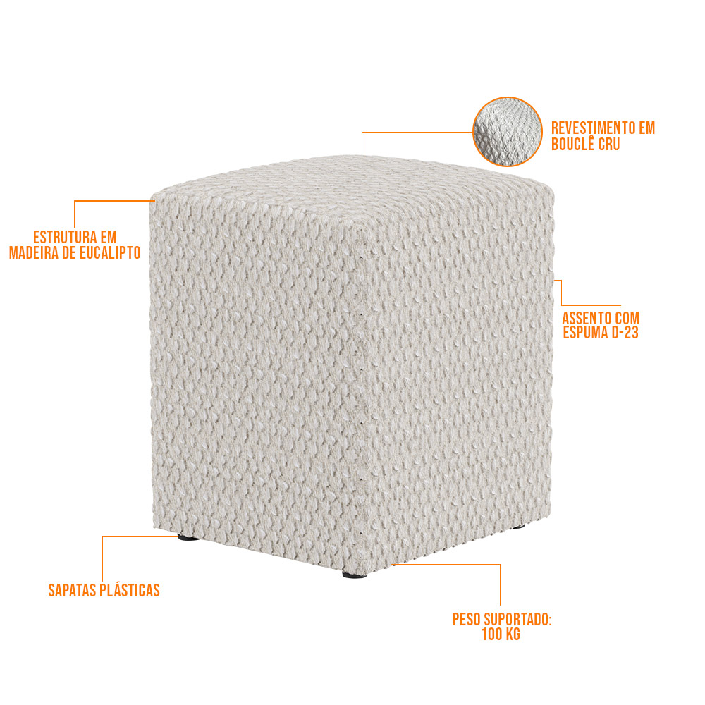 Kit 02 Puffs Quadrado Decorativo L02 Bouclê Cru - Lyam Decor
