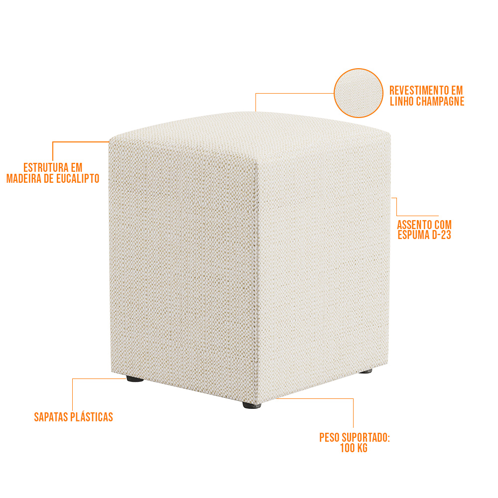 Kit 02 Puffs Quadrado L02 Decorativo Linho Champagne - Lyam Decor