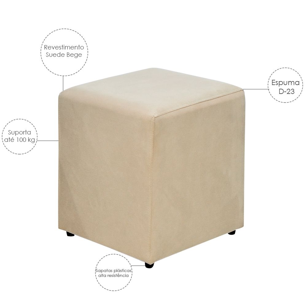 Kit 02 Puffs Quadrado L02 Decorativo Sala de Estar Suede Bege - Lyam Decor