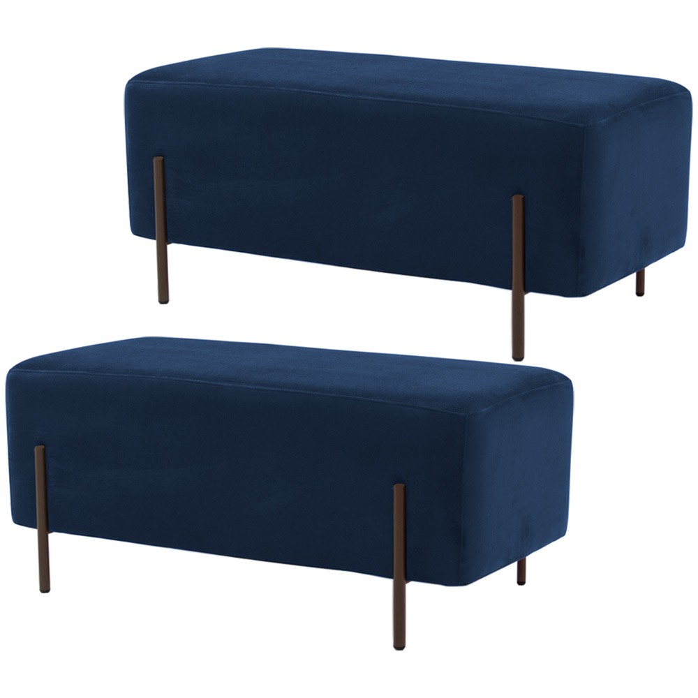 Kit 02 Puffs Retangular Decorativo Status 90x45 D02 Pés de Aço Veludo Azul Oxford C-304 - Lyam Decor