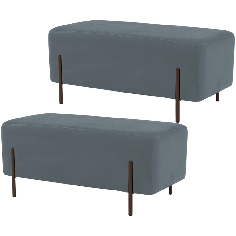 Kit 02 Puffs Retangular Decorativo Status 90x45 D02 Pés de Aço Veludo Cinza C-317 - Lyam Decor