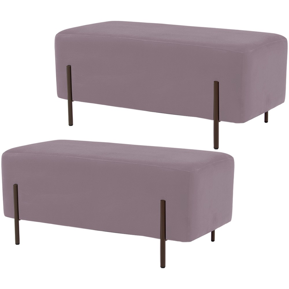 Kit 02 Puffs Retangular Decorativo Status 90x45 D02 Pés de Aço Veludo Rosê C-305 - Lyam Decor