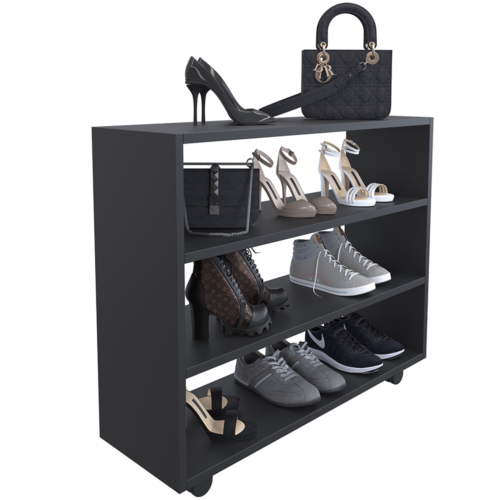 Kit 02 Sapateiras Multiuso Organizador Com 03 Prateleiras E Rodízio Pérola L03 Preto - Lyam Decor