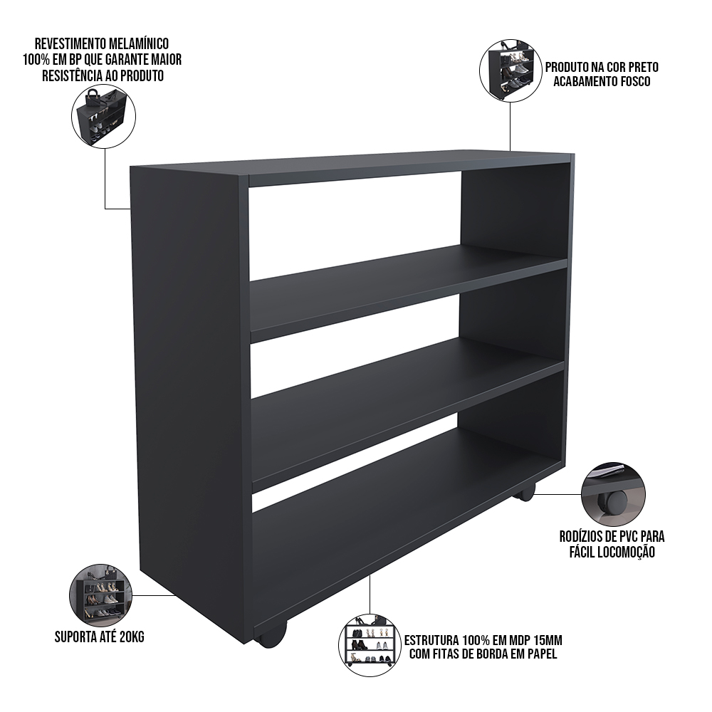 Kit 02 Sapateiras Multiuso Organizador Com 03 Prateleiras E Rodízio Pérola L03 Preto - Lyam Decor