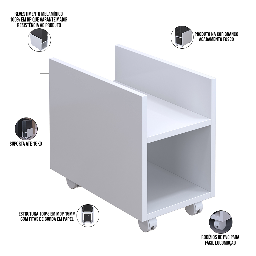 Kit 02 Suportes Para Cpu E Nobreak Com Rodízios Guide L03 Branco - Lyam Decor
