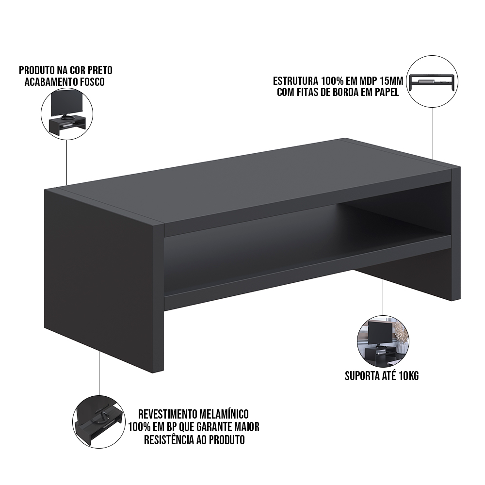 Kit 02 Suportes Stand Para Monitores Mesa Escritório Home Office Lap L03 Preto - Lyam Decor
