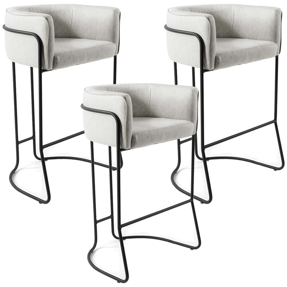 Kit 03 Banqueta Decorativa Fixa Base de Aço Preto Betina D02 Linho Creme A-48 - Lyam Decor