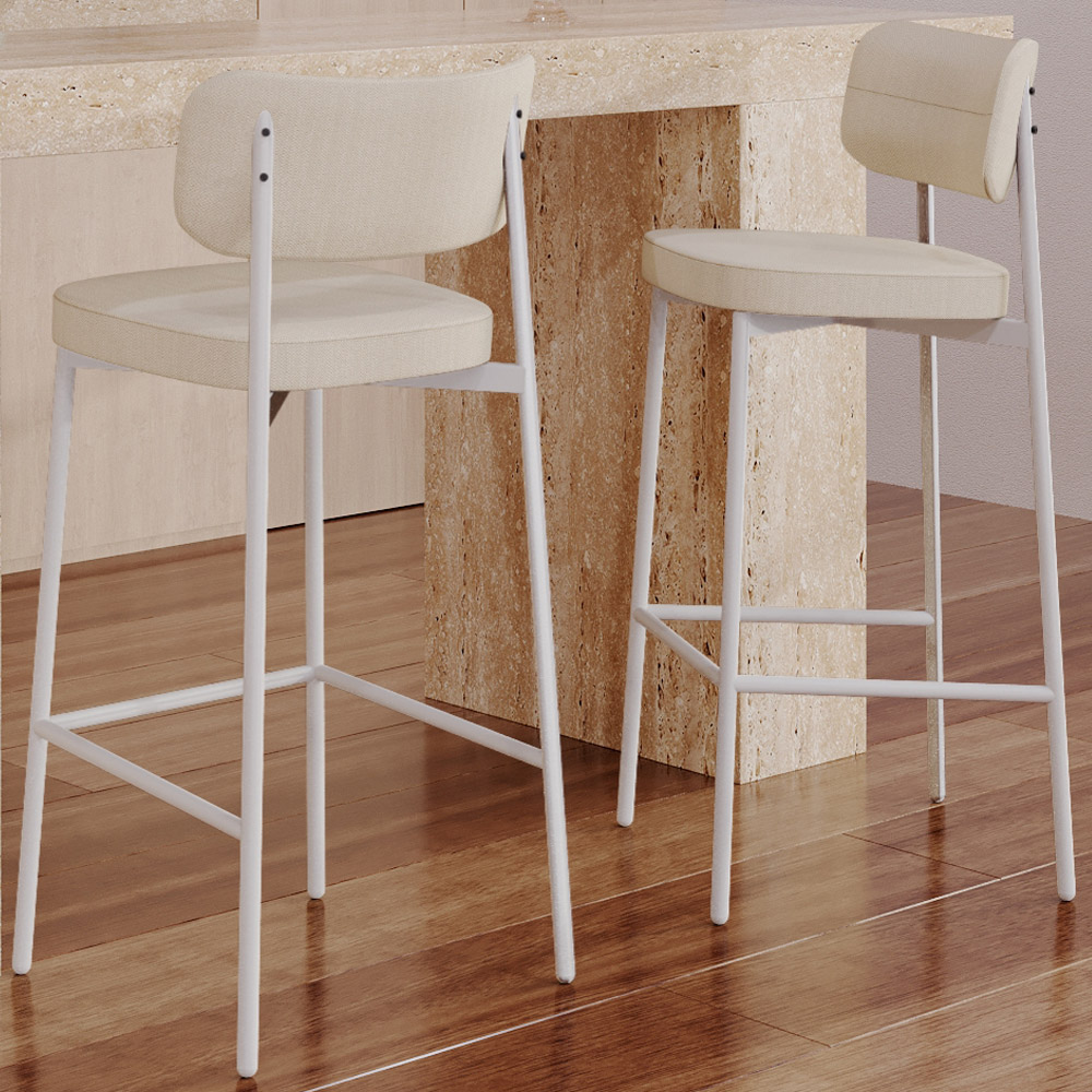Kit 03 Banquetas Alta Bar Cozinha Sala De Jantar Aço Branco Kaira C01 Linho Areia - Lyam Decor