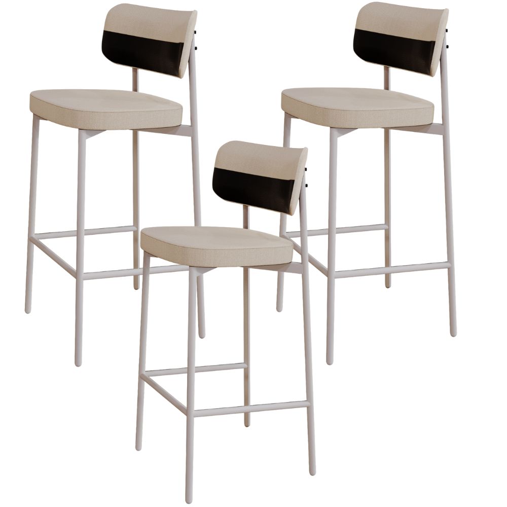 Kit 03 Banquetas Alta Bar Cozinha Sala De Jantar Aço Branco Kaira C01 Linho Areia Courino Preto - Lyam Decor