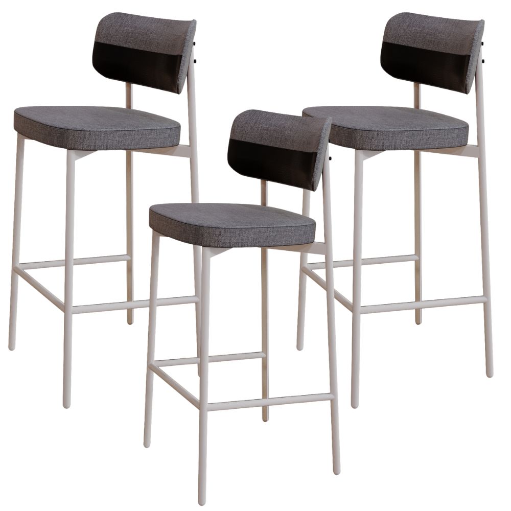 Kit 03 Banquetas Alta Bar Cozinha Sala De Jantar Aço Branco Kaira C01 Linho Cinza Courino Preto - Lyam Decor