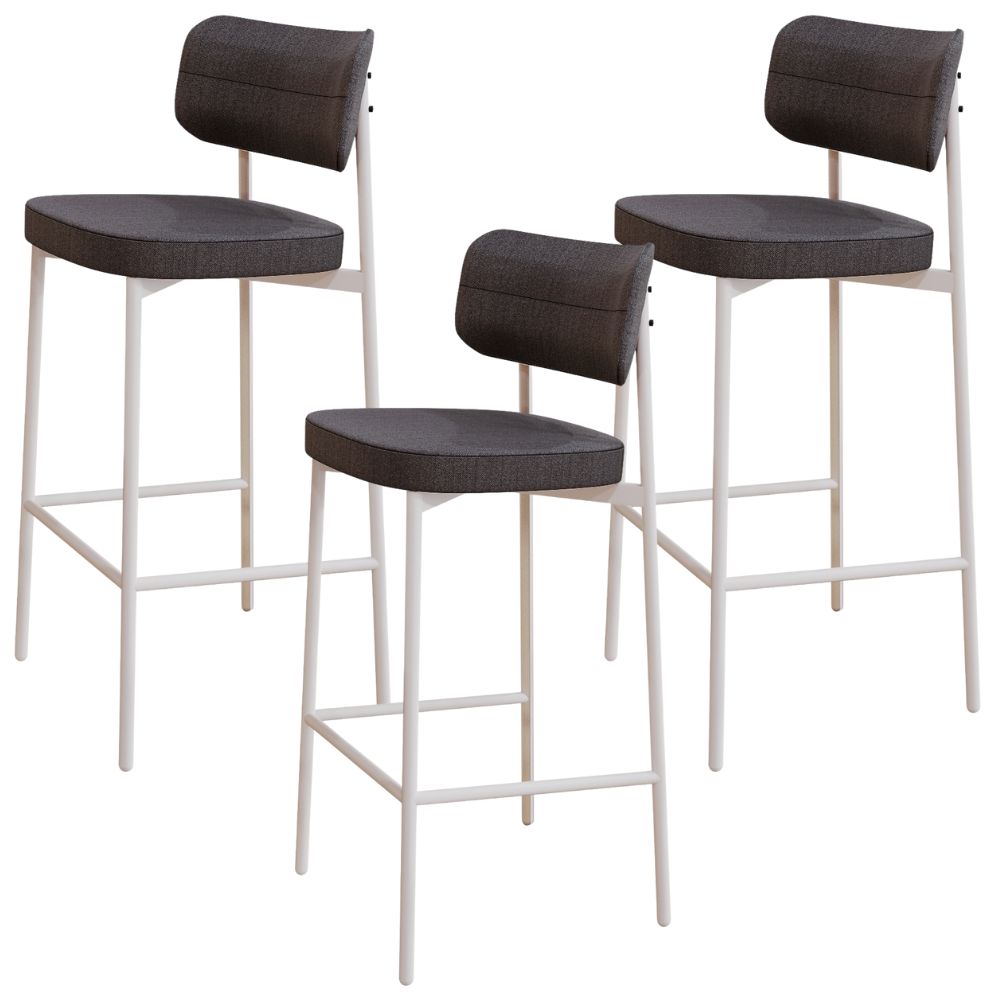 Kit 03 Banquetas Alta Bar Cozinha Sala De Jantar Aço Branco Kaira C01 Linho Preto - Lyam Decor