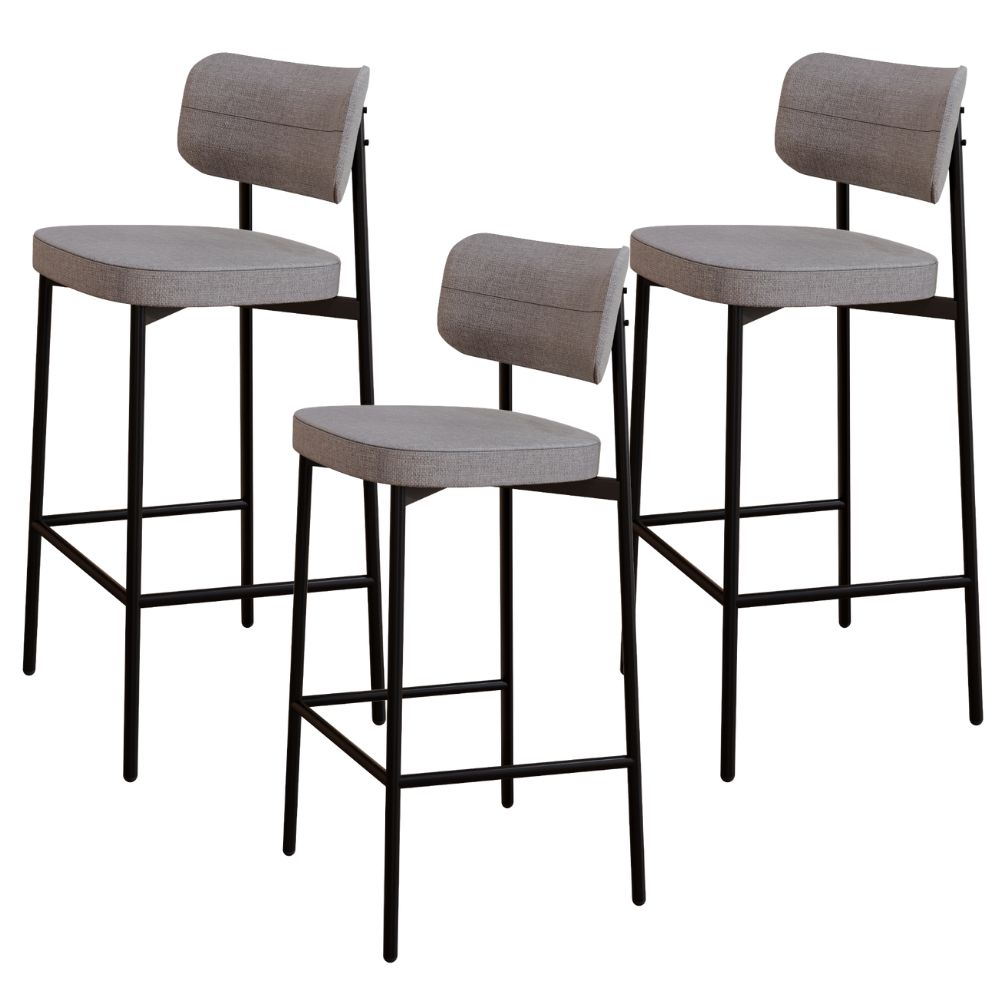 Kit 03 Banquetas Alta Bar Cozinha Sala De Jantar Aço Preto Kaira C01 Linho Cinza - Lyam Decor