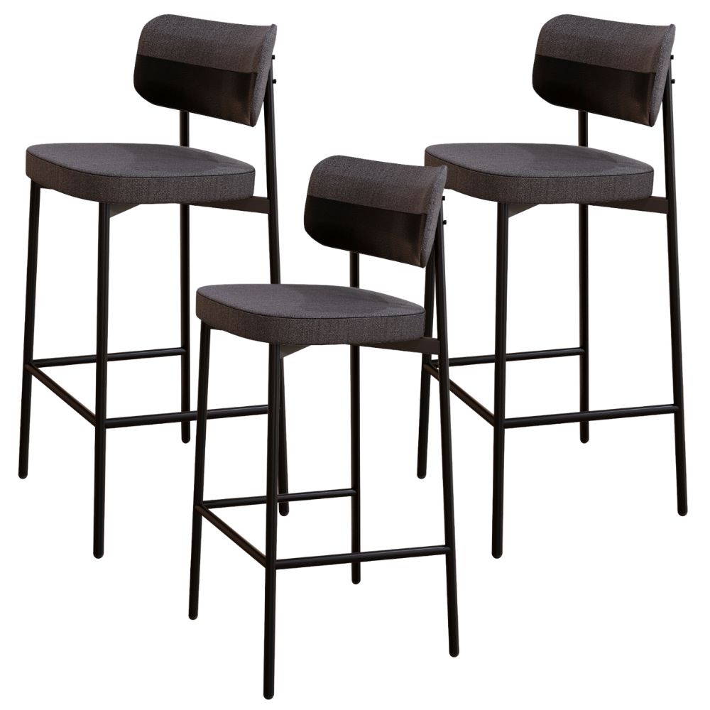 Kit 03 Banquetas Alta Bar Cozinha Sala De Jantar Aço Preto Kaira C01 Linho Preto Courino Preto - Lyam Decor