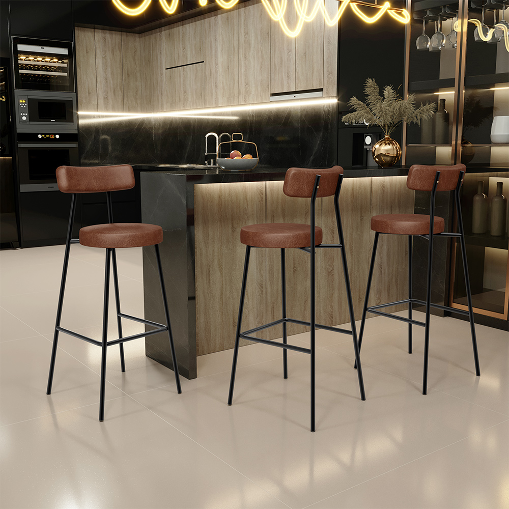 Kit 03 Banquetas Alta Bar Cozinha Sala De Jantar Em Aço Milão L02 Couríssimo Marrom - Lyam Decor