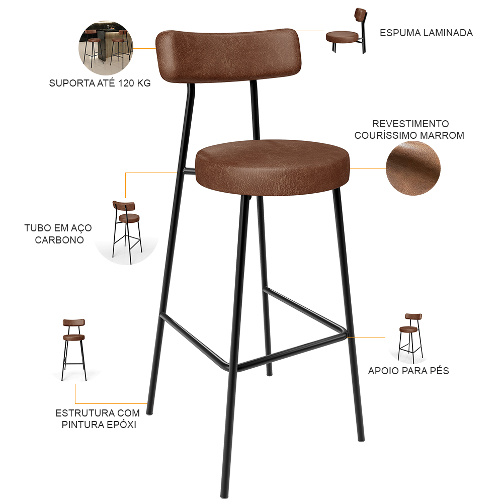 Kit 03 Banquetas Alta Bar Cozinha Sala De Jantar Em Aço Milão L02 Couríssimo Marrom - Lyam Decor