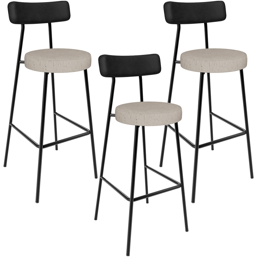 Kit 03 Banquetas Alta Bar Cozinha Sala De Jantar Milão L02 Couríssimo Preto Linho Bege - Lyam Decor