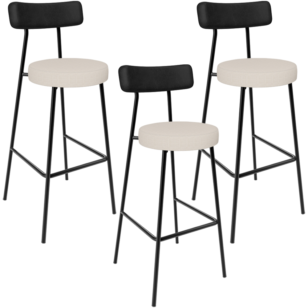 Kit 03 Banquetas Alta Bar Cozinha Sala De Jantar Milão L02 Couríssimo Preto Linho Cru - Lyam Decor