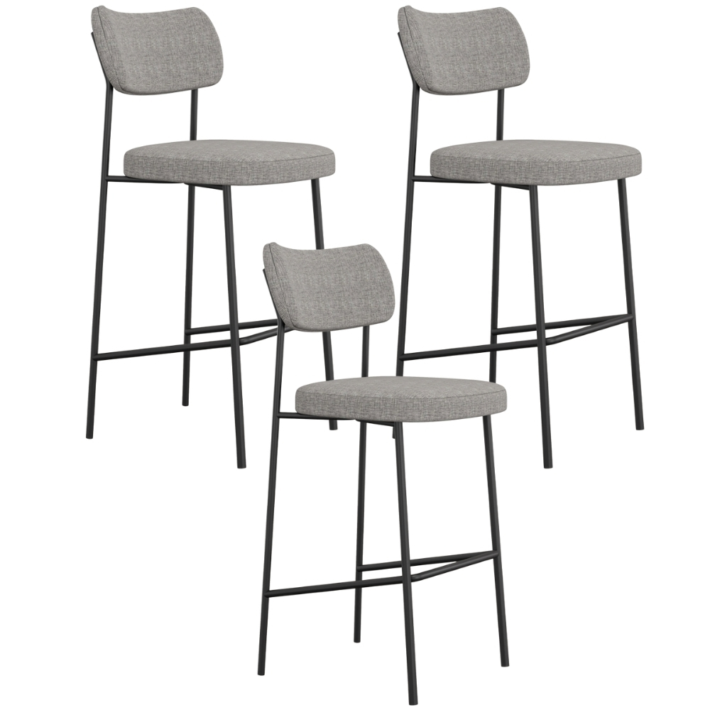 Kit 03 Banquetas Alta Bar Cozinha Sala De Jantar Preto Elira L02 Linho Cinza Escuro - Lyam Decor