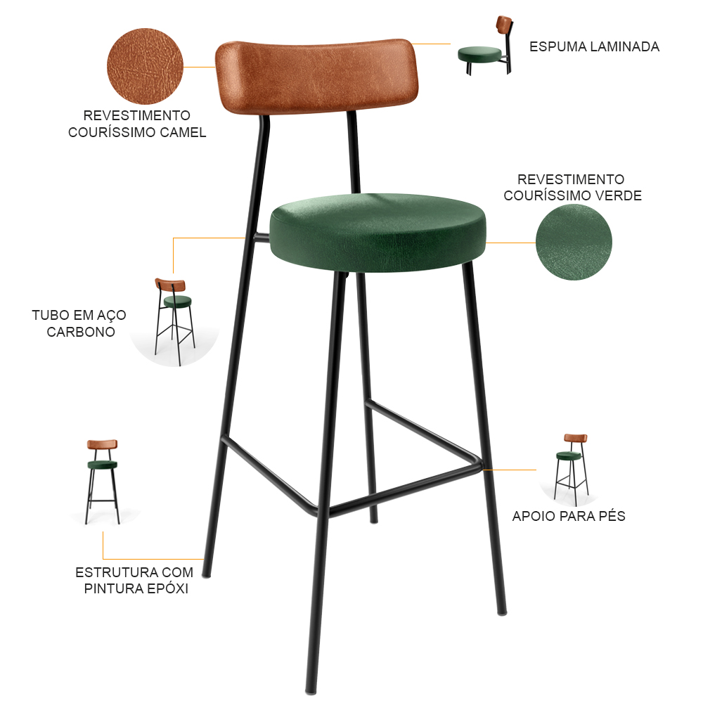 Kit 03 Banquetas Alta Bar Cozinha Sala Jantar Milão L02 Couríssimo Camel Facto Verde - Lyam Decor