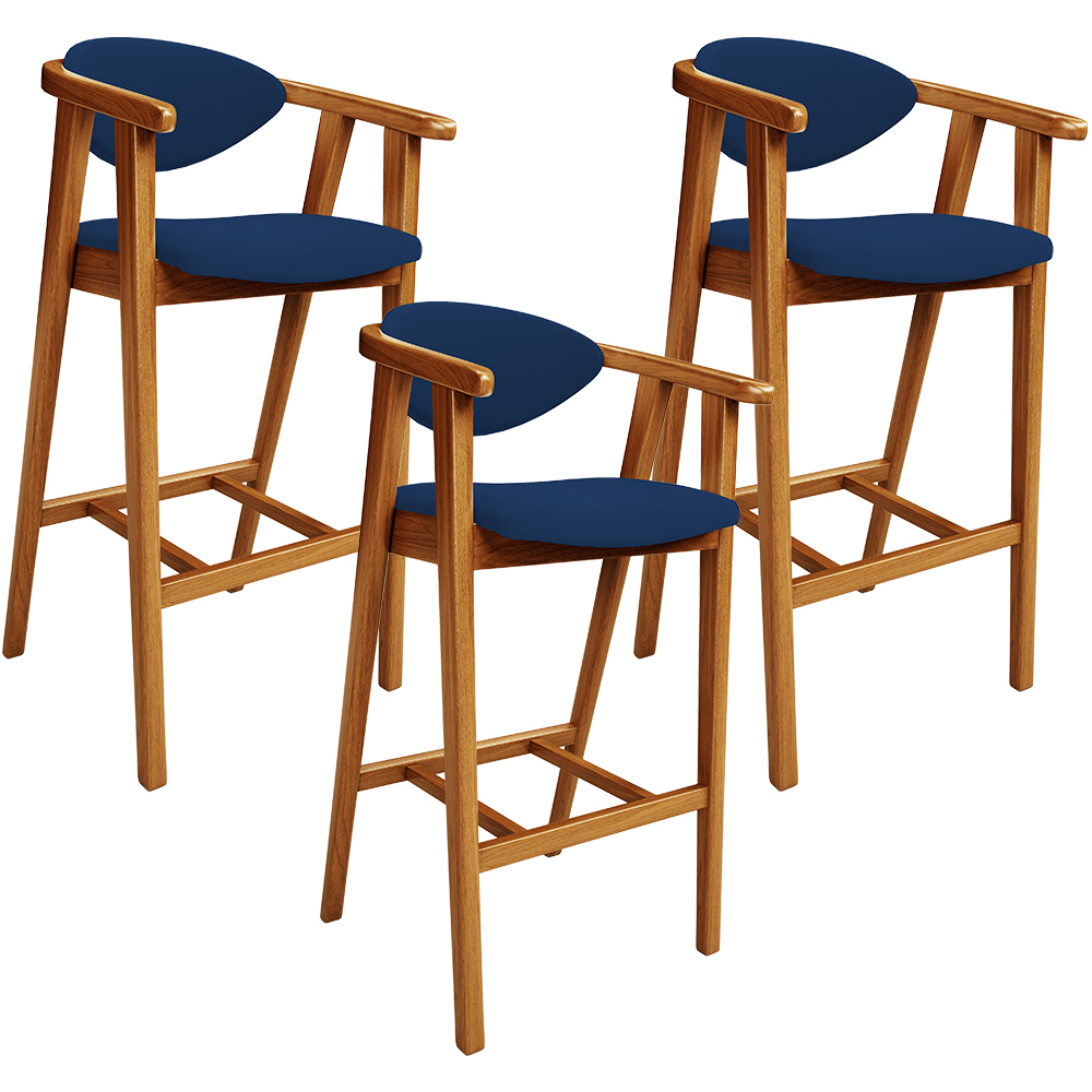 Kit 03 Banquetas Alta Cozinha Bancada Bar Sala de Jantar Fixa Cecília L02 Suede Azul Marinho - Lyam