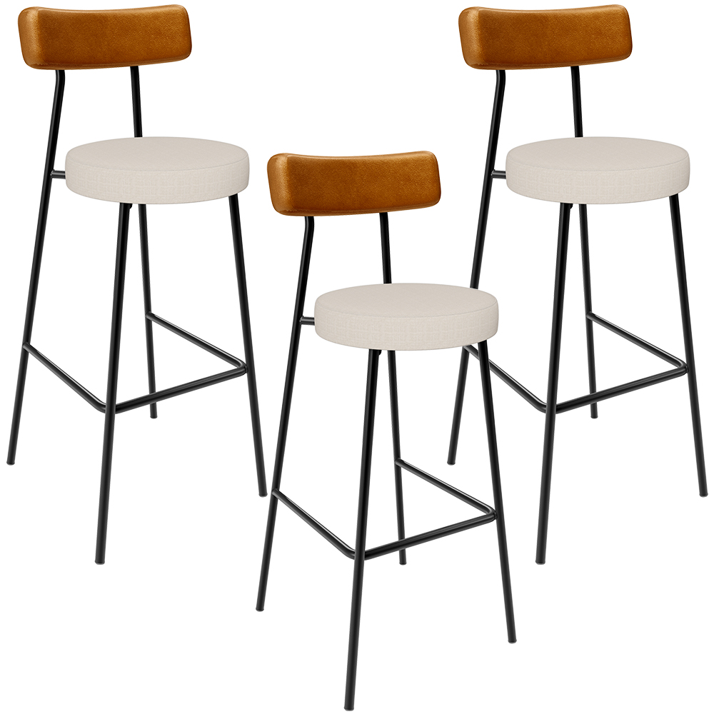 Kit 03 Banquetas Alta Cozinha Sala Jantar Aço Milão L02 Couríssimo Whisky Linho Cru - Lyam Decor