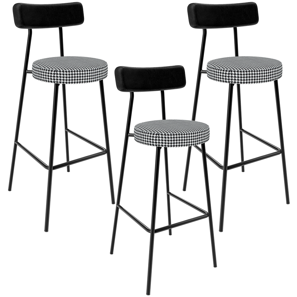 Kit 03 Banquetas Alta Cozinha Sala Jantar Em Aço Milão L02 Couríssimo Preto Pied Poule - Lyam Decor