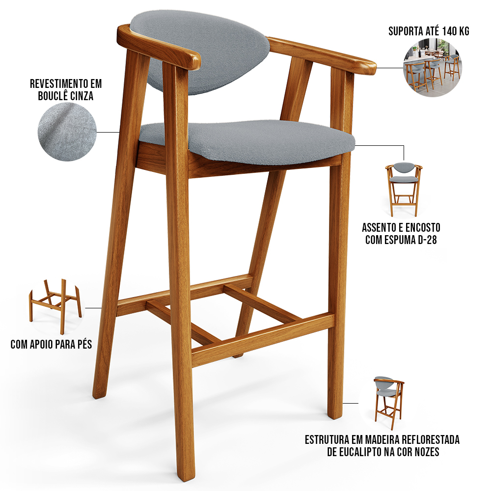 Kit 03 Banquetas Alta Para Cozinha Bancada Bar Sala de Jantar Fixa Cecília L02 Bouclê Cinza - Lyam