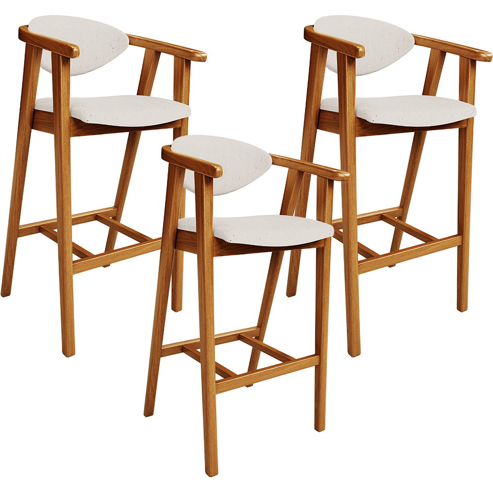 Kit 03 Banquetas Alta Para Cozinha Bancada Bar Sala de Jantar Fixa Cecília L02 Linho Cru - Lyam