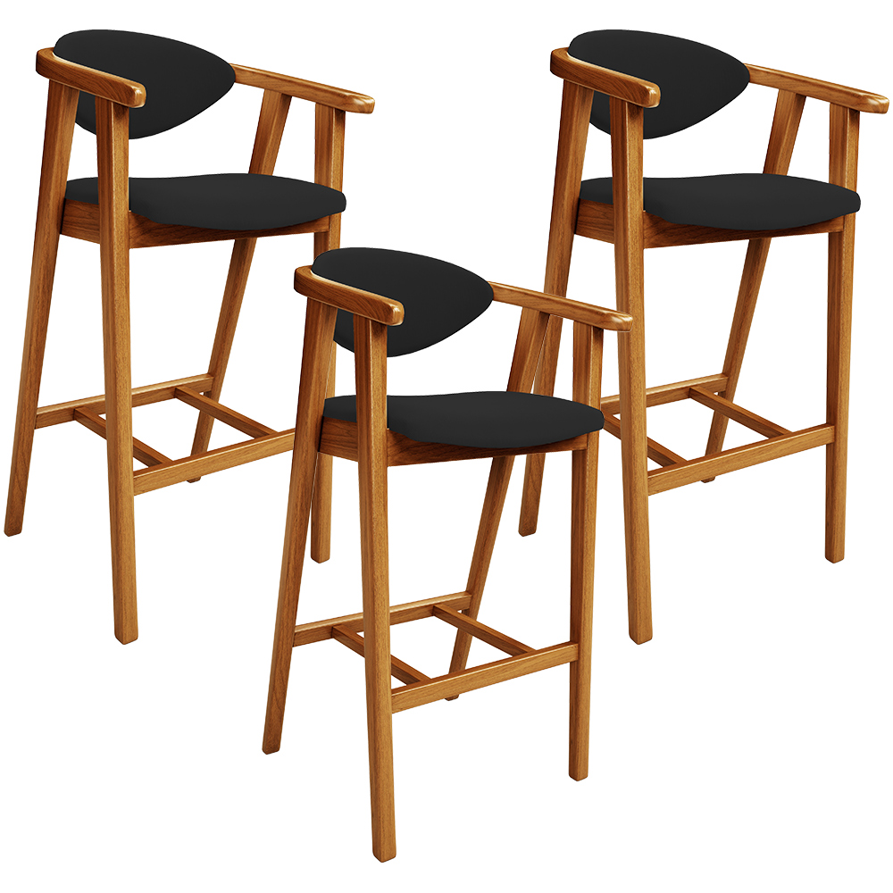 Kit 03 Banquetas Alta Para Cozinha Bancada Bar Sala de Jantar Fixa Cecília L02 Suede Preto - Lyam