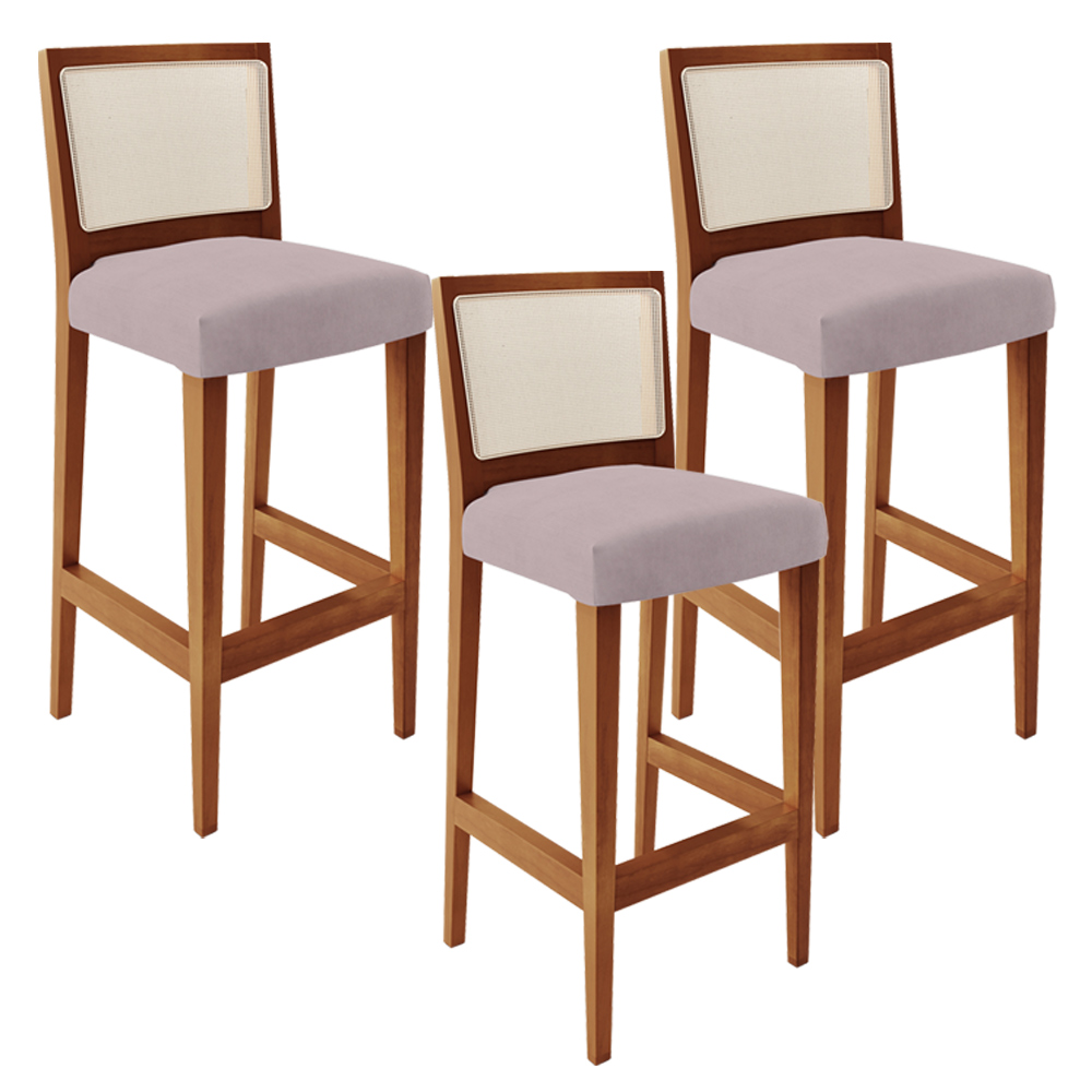 Kit 03 Banquetas Alta Para Cozinha Encosto em Tela Branco Zion L02 Suede Rosê - Lyam Decor