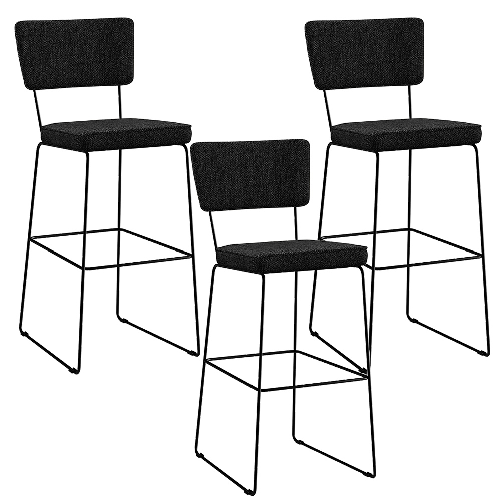 Kit 03 Banquetas Alta Para Cozinha Sala De Jantar Base Aço Fixa Allana L02 Linho Chumbo - Lyam Decor