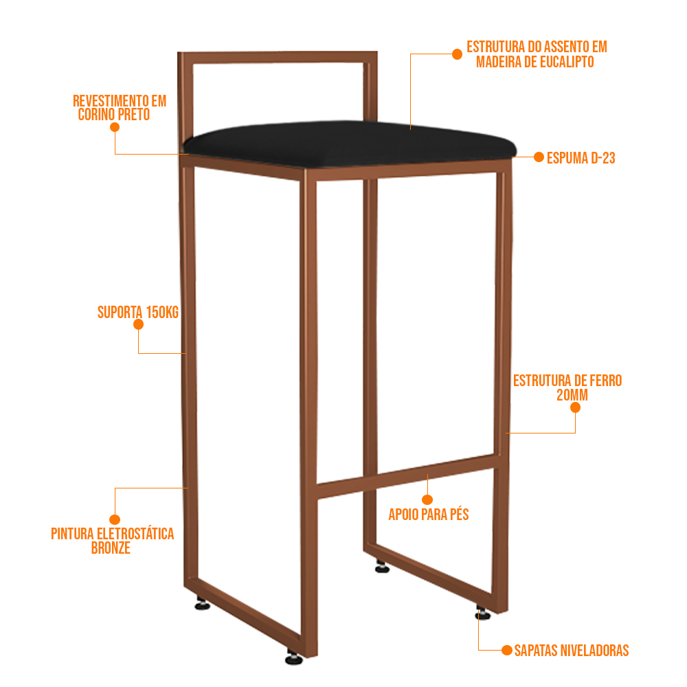 Kit 03 Banquetas Alta Para Cozinha Sala De Jantar Hanna L02 Bronze Corano Preto - Lyam Decor