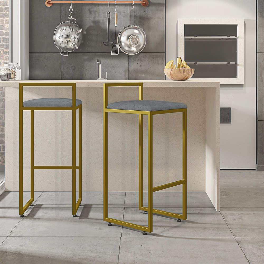 Kit 03 Banquetas Alta Para Cozinha Sala De Jantar Hanna L02 Dourado Linho Cinza Escuro - Lyam Decor