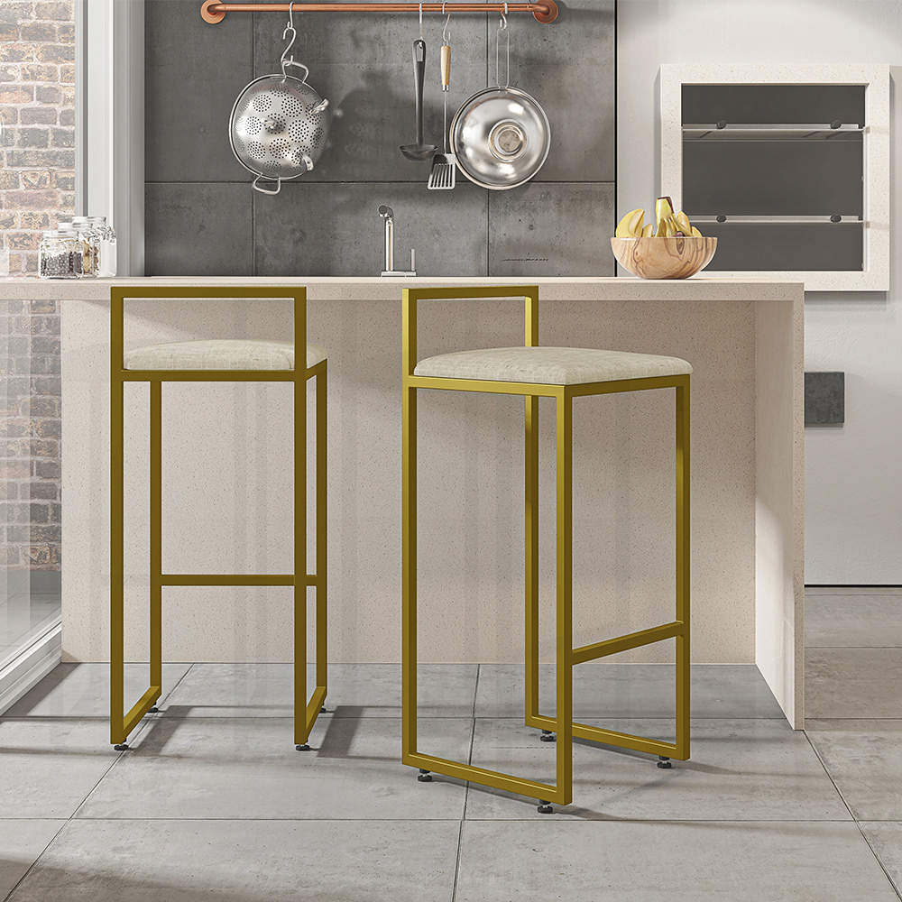 Kit 03 Banquetas Alta Para Cozinha Sala De Jantar Hanna L02 Dourado Linho Cru - Lyam Decor