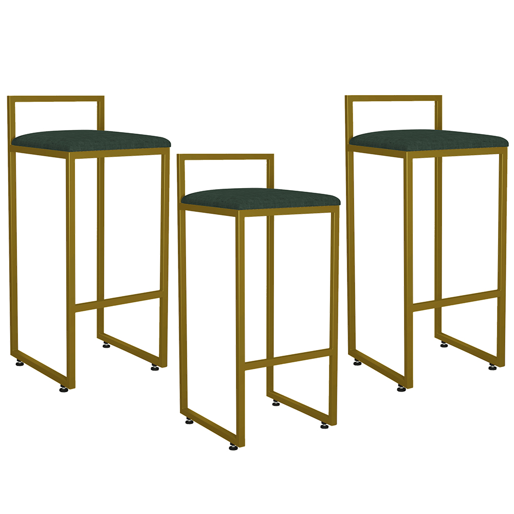 Kit 03 Banquetas Alta Para Cozinha Sala De Jantar Hanna L02 Dourado Linho Verde Musgo - Lyam Decor