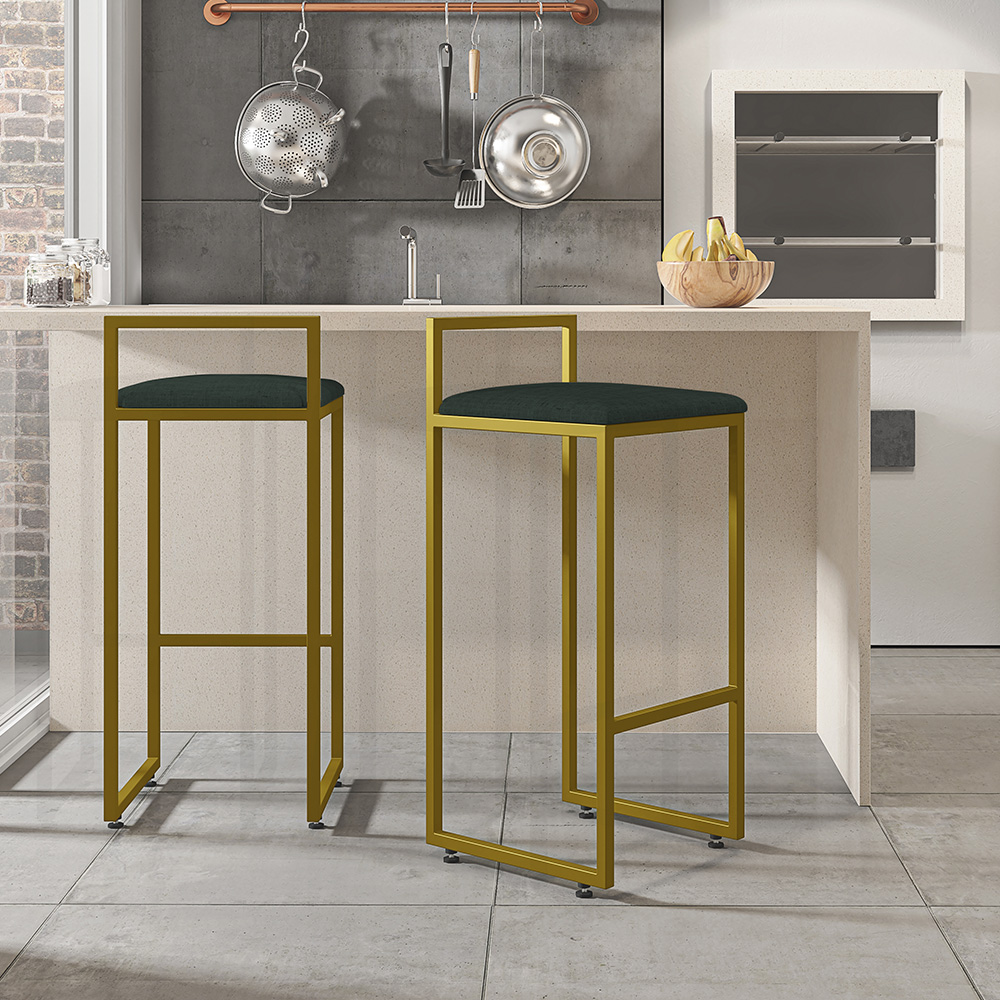 Kit 03 Banquetas Alta Para Cozinha Sala De Jantar Hanna L02 Dourado Linho Verde Musgo - Lyam Decor